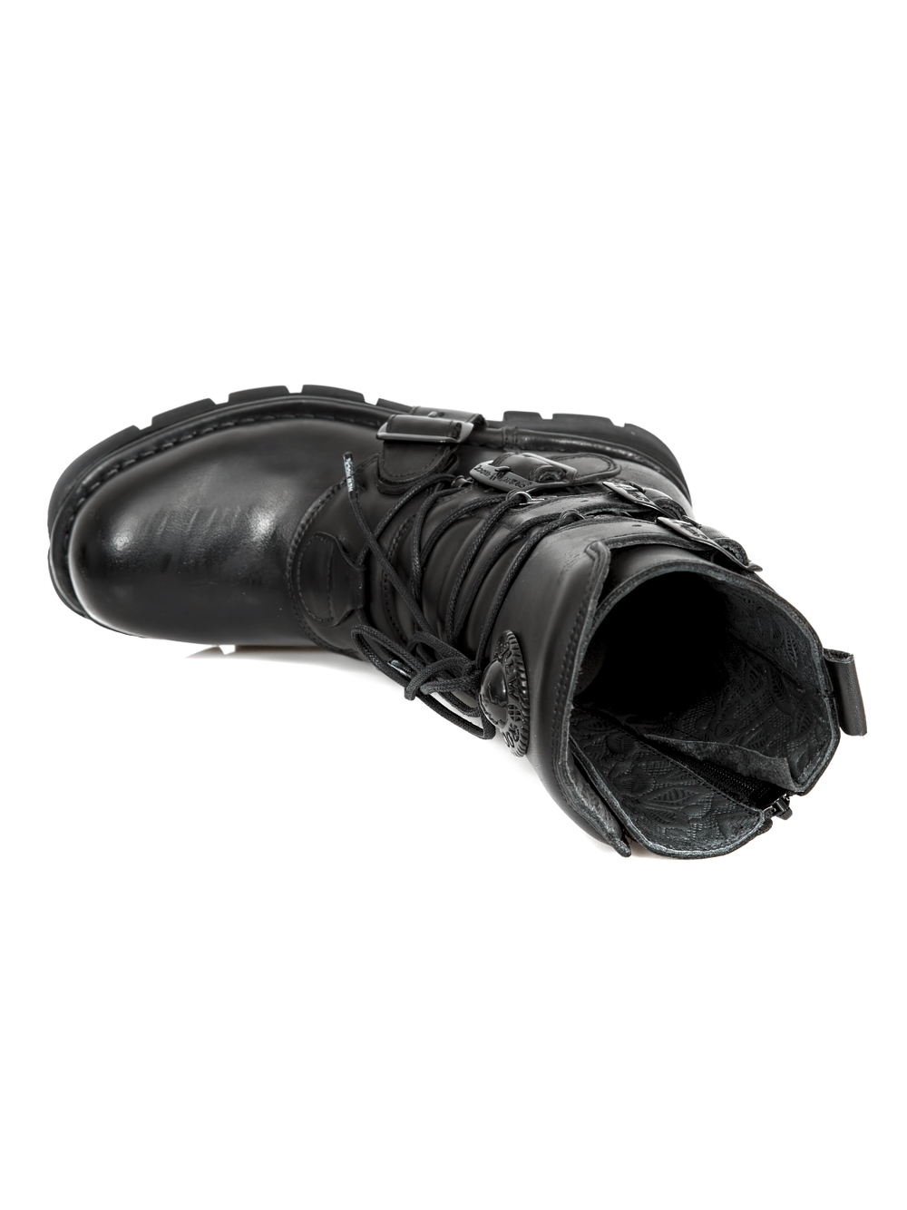 Top view of NEW ROCK Men's Black Gothic Buckled Boots showcasing embossed detail and rugged military style.