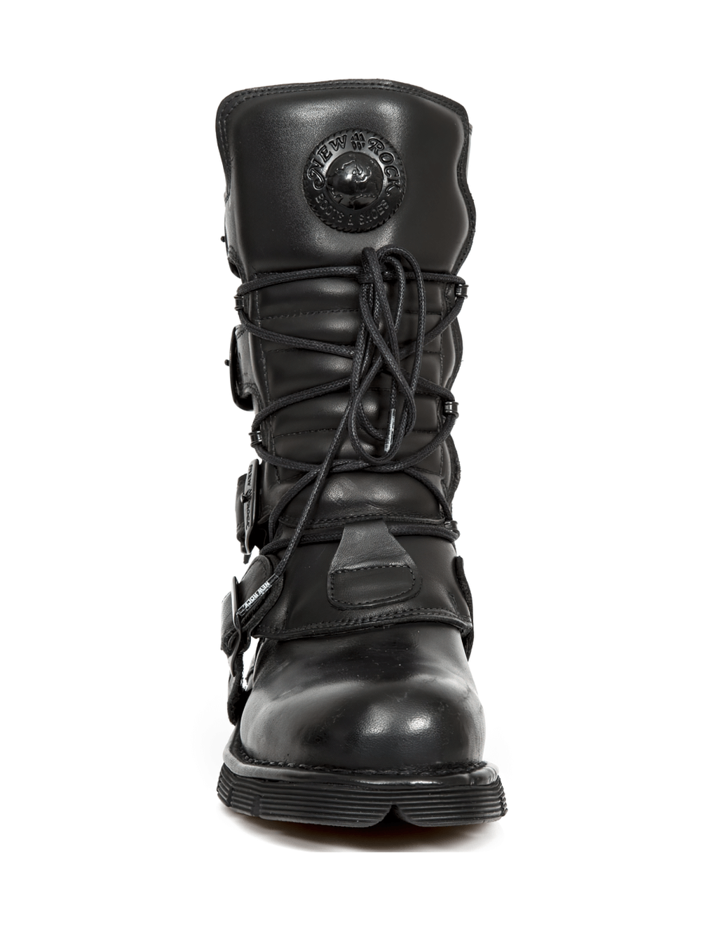 Men's black gothic buckled boots with embossed detail and military-style laces.