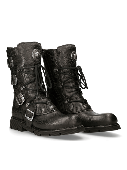 NEW ROCK Women's Black Gothic Engraved Leather Boots with Buckles