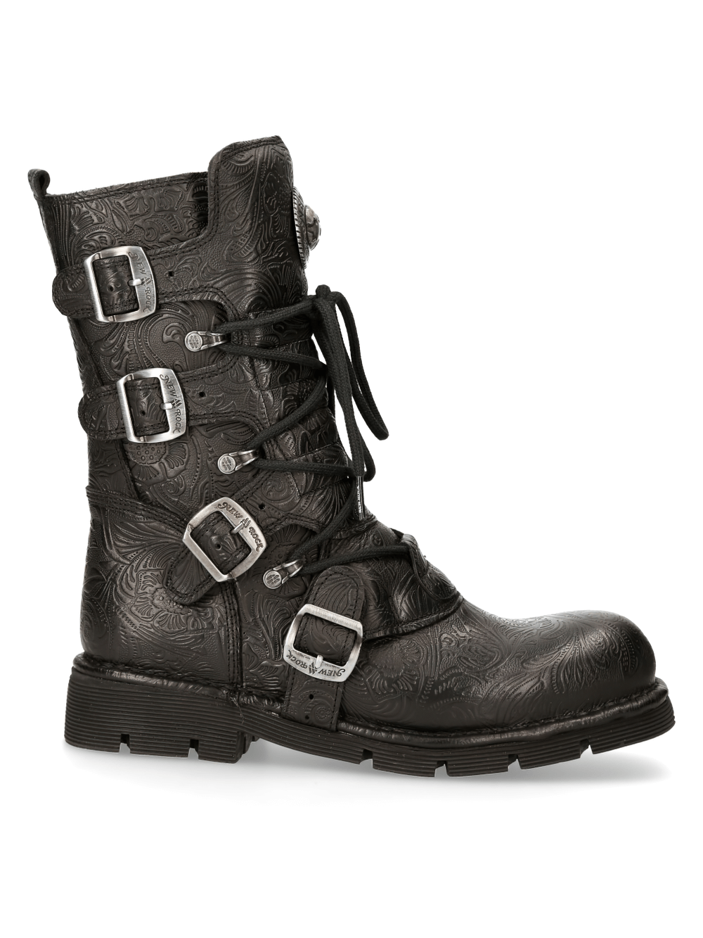 NEW ROCK black gothic leather boots with mandala engraving and silver buckles, perfect for bold style.