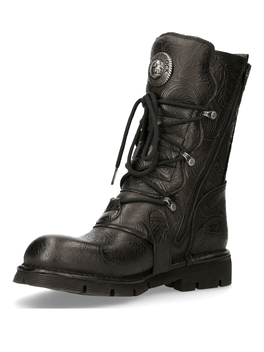 NEW ROCK Black Gothic Engraved Leather Boots with Buckles