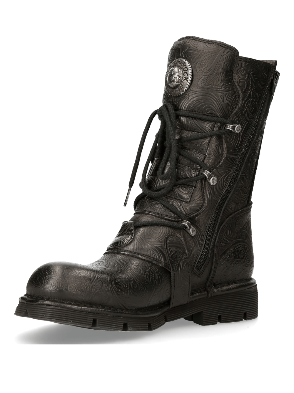 NEW ROCK Men's Black Gothic Engraved Leather Boots with buckle details and silver logo, showcasing intricate mandala design.