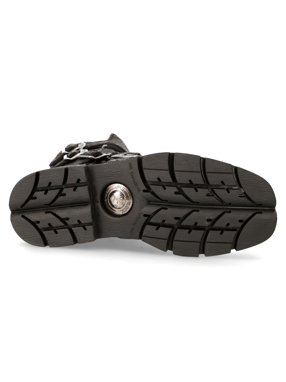Underside view of NEW ROCK black gothic leather boots showcasing a durable rubber sole with traction.