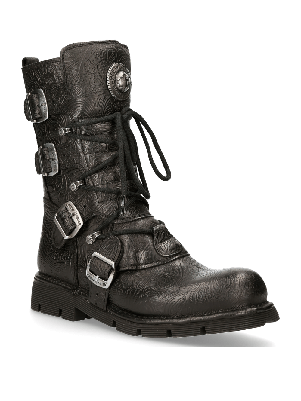 Men's black gothic engraved leather boot with mandala design and buckles, featuring a silver logo and rubber sole.