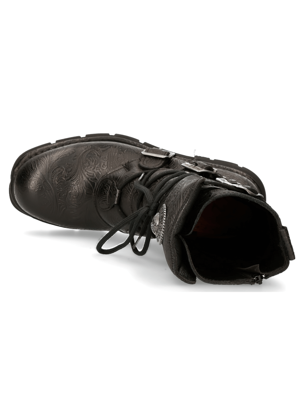 Top view of NEW ROCK Men's Black Gothic Engraved Leather Boot with intricate mandala design and buckles.