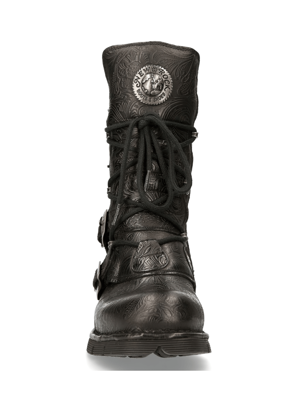 NEW ROCK Men's Black Gothic Engraved Leather Boot with buckles and silver logo, showcasing intricate mandala design.