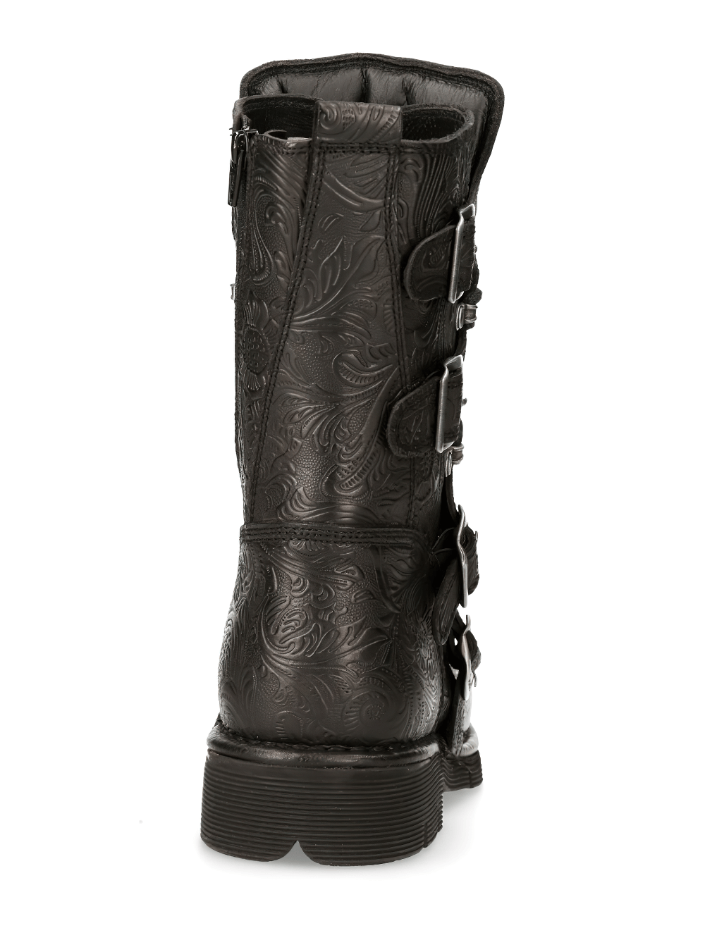 Back view of NEW ROCK Men's Black Gothic Engraved Leather Boots featuring detailed mandala design and multiple buckles.