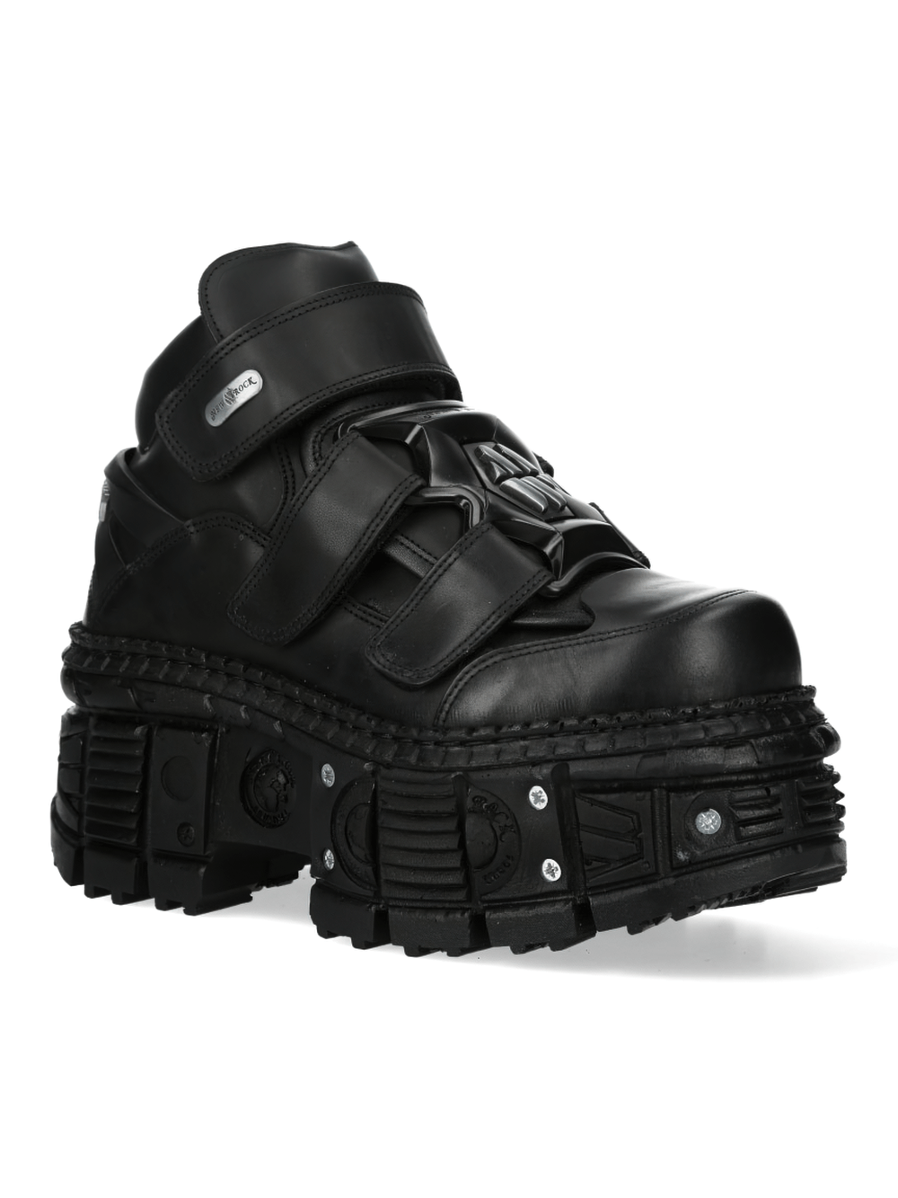 Bold black urban ankle boots with chunky sole and velcro straps, perfect for making a stylish statement.