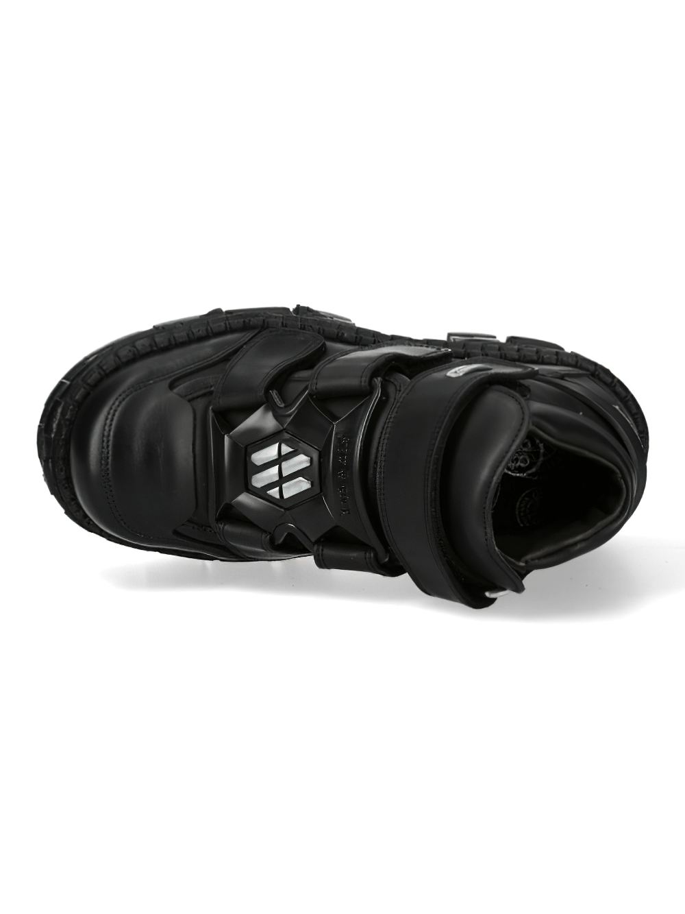 Top view of stylish black urban sneakers with unique strap design and textured sole for a bold look.