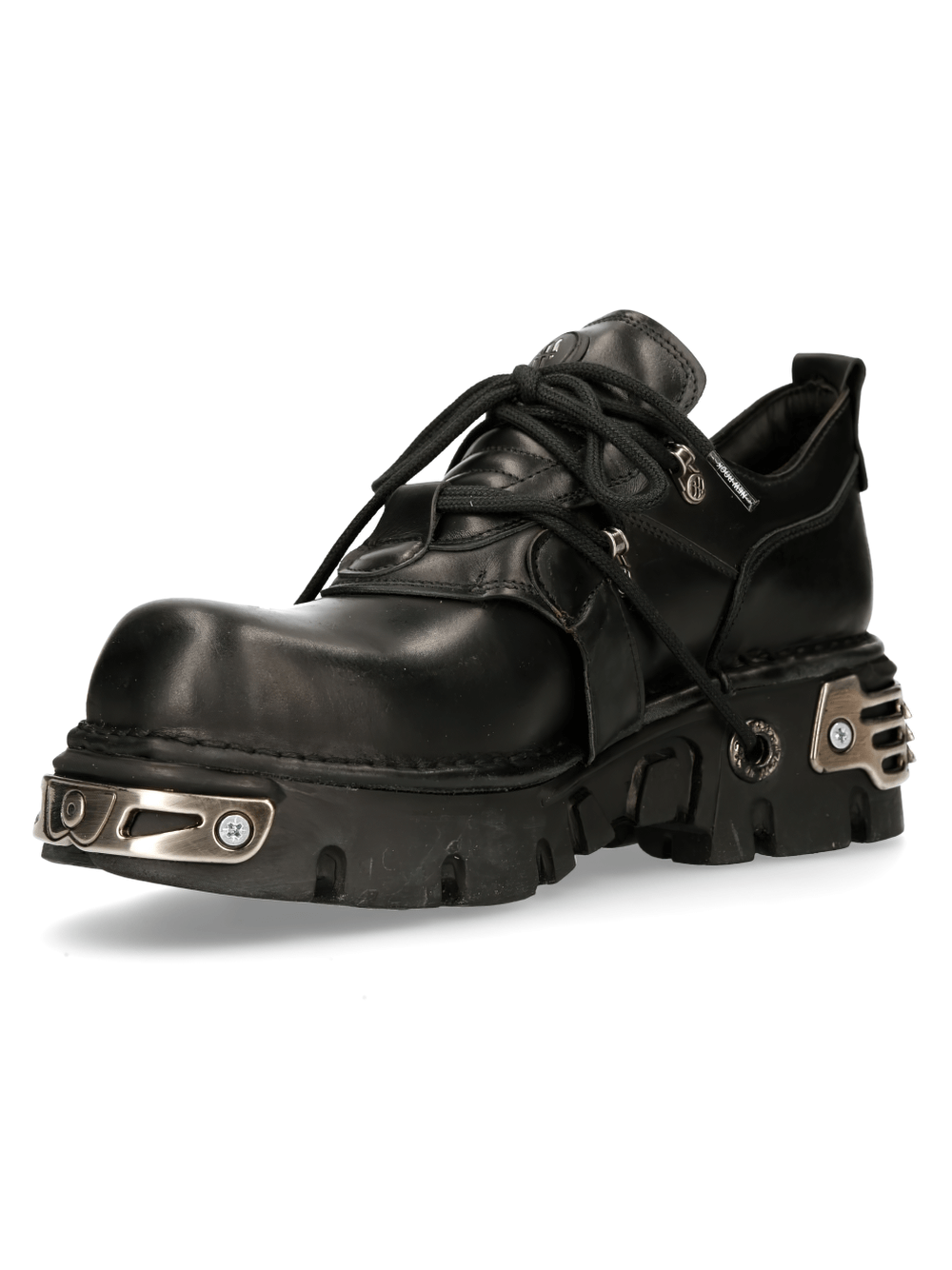NEW ROCK Men's Black Gothic Metal Buckle Shoes with striking metallic details and natural rubber sole.