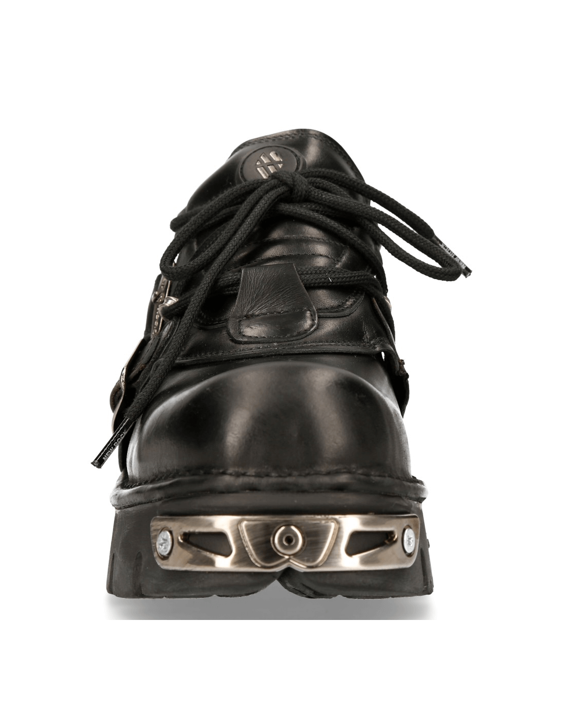 Front view of NEW ROCK Men's Black Gothic Metal Buckle Shoes with lace-up design and metallic accents.