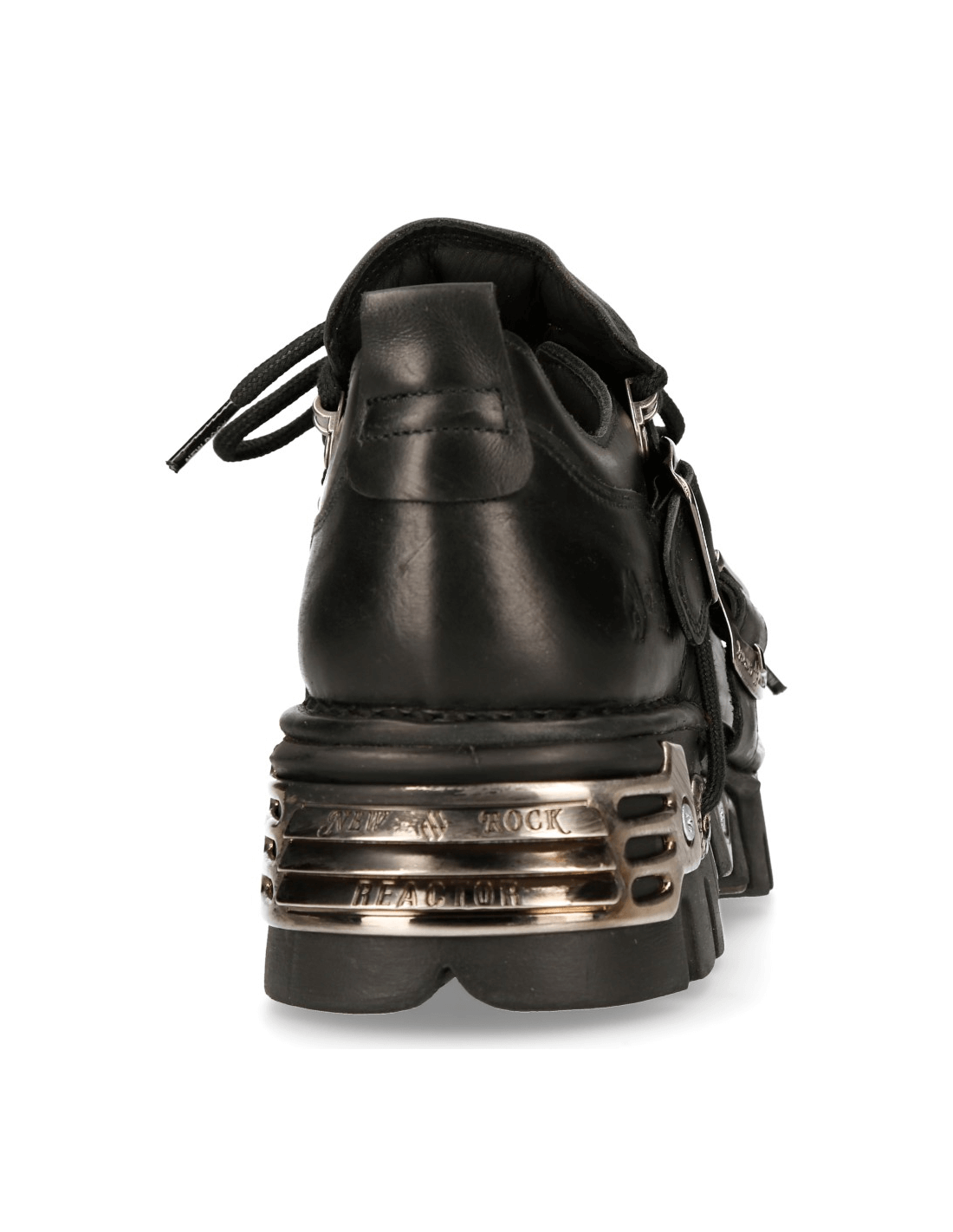 Back view of NEW ROCK Men's Black Gothic Metal Buckle Shoes showcasing metallic accents and genuine leather finish.