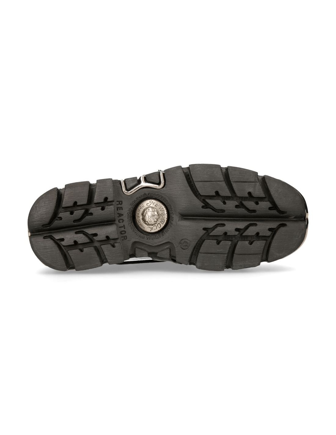 Bottom view of NEW ROCK black gothic metal buckle shoes showing rubber sole and metal details.