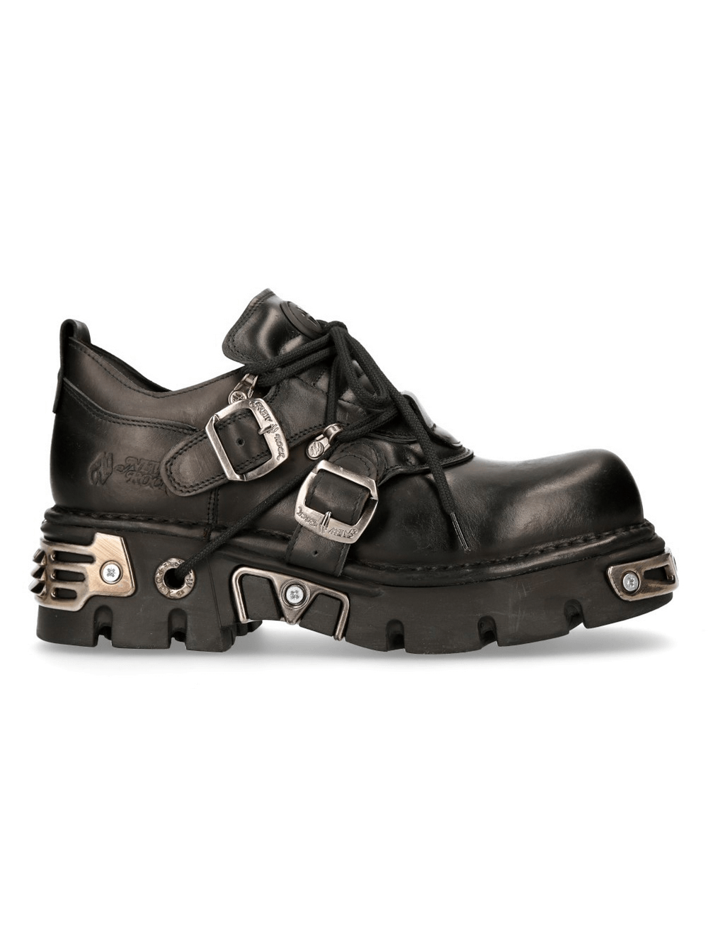 NEW ROCK Men's Black Gothic Metal Buckle Shoes with unique design and metallic accents for a bold punk style.