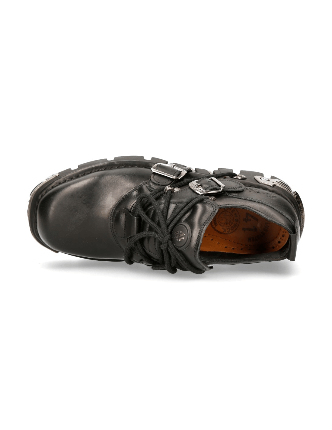 NEW ROCK black gothic metal buckle shoe from above, showcasing stylish buckles and cow leather design.
