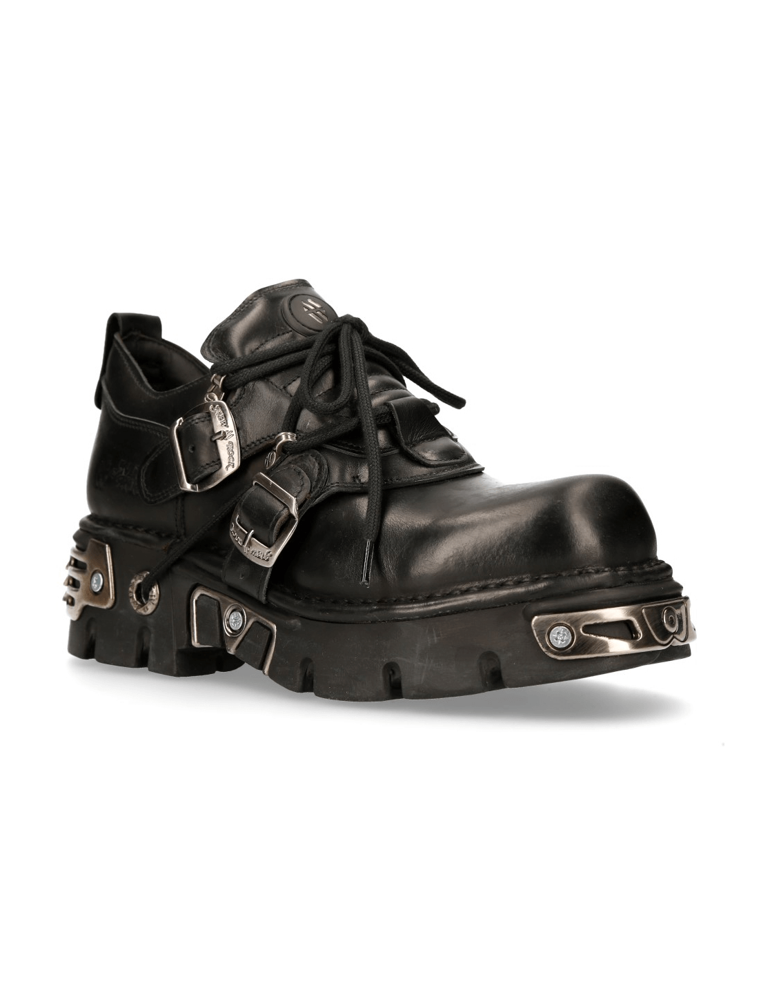 NEW ROCK Men's Gothic Black Buckle Shoes with metallic accents and rubber sole for bold punk style.