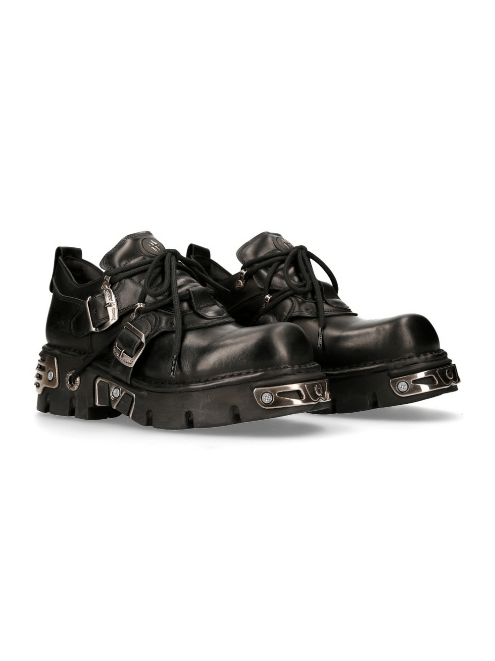 NEW ROCK Men's Black Gothic Metal Buckle Shoes with stylish accents and durable rubber sole.