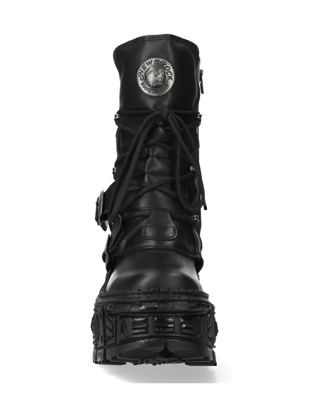 Front view of NEW ROCK Black Gothic Military Ankle Boots with Buckles, featuring punk rock lace-up design.