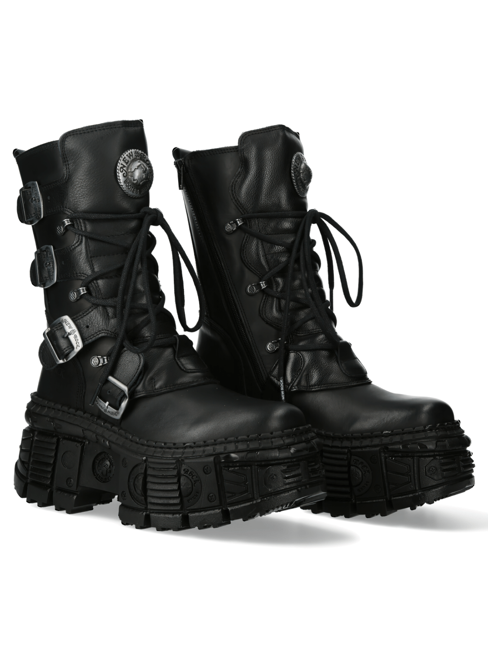 NEW ROCK black gothic military ankle boots with buckles and chunky soles for punk fashion enthusiasts.