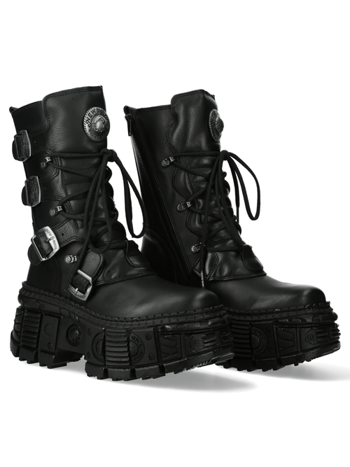 NEW ROCK Men's Black Gothic Military Ankle Boots with Buckles