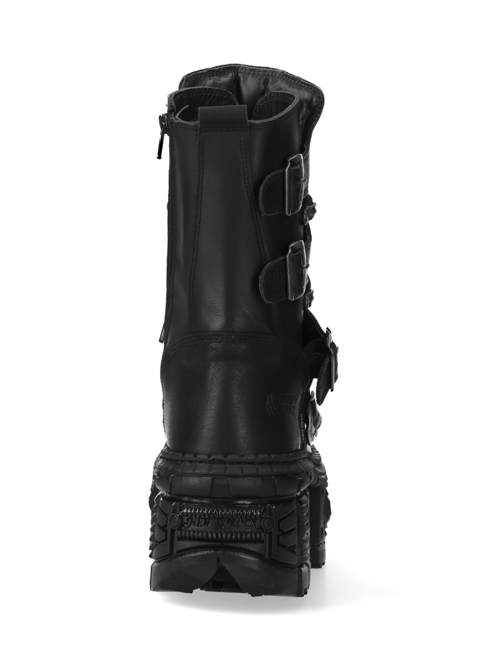 Back view of NEW ROCK black gothic military ankle boots with buckles, showcasing punk rock style and original design.