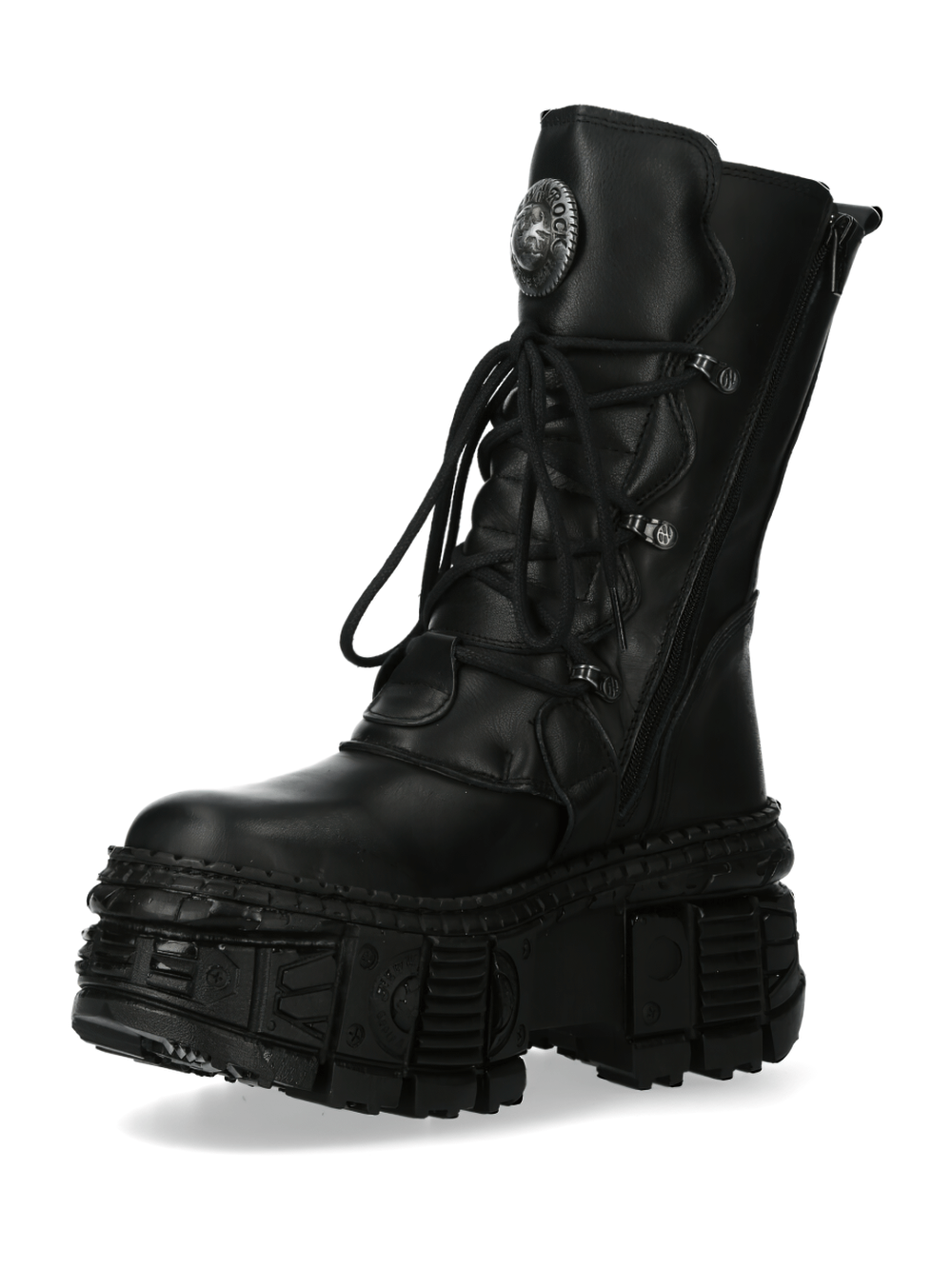 NEW ROCK Black Gothic Military Ankle Boots with Buckles, punk rock lace-up leather design, bold and edgy fashion statement.