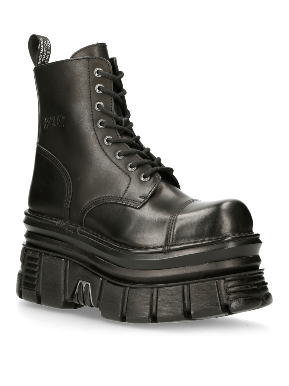 New Rock men's black gothic military ankle boots with chunky platform soles and punk rock style.