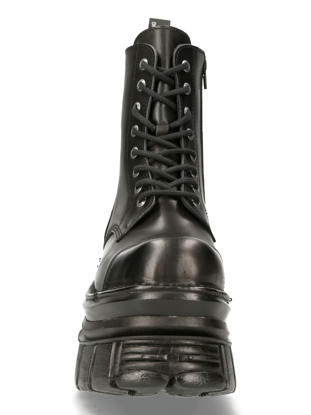Front view of NEW ROCK Men's Black Gothic Military Leather Ankle Boots with laces and chunky sole.