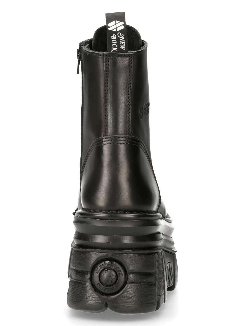 Back view of NEW ROCK Men's Black Gothic Military Leather Ankle Boots with a chunky sole and zip closure.