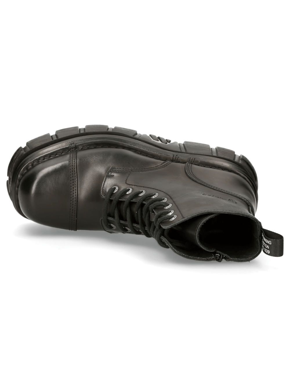 Men's black gothic military leather ankle boot with laces, showcasing rugged punk rock style and durable design.