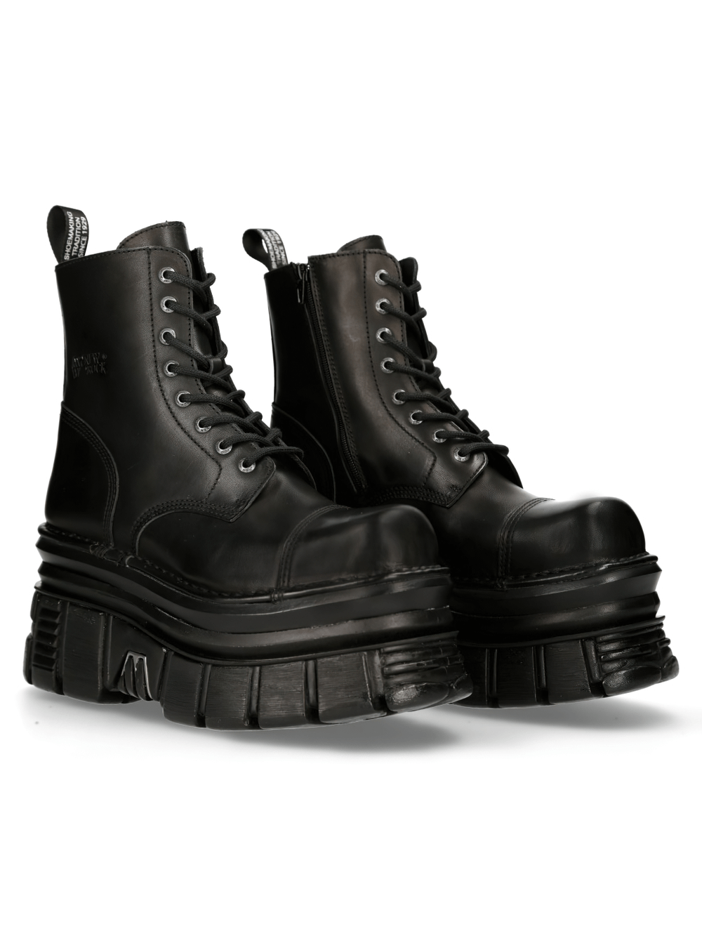 NEW ROCK Men's Black Gothic Military Leather Ankle Boots with edgy punk design and chunky sole.