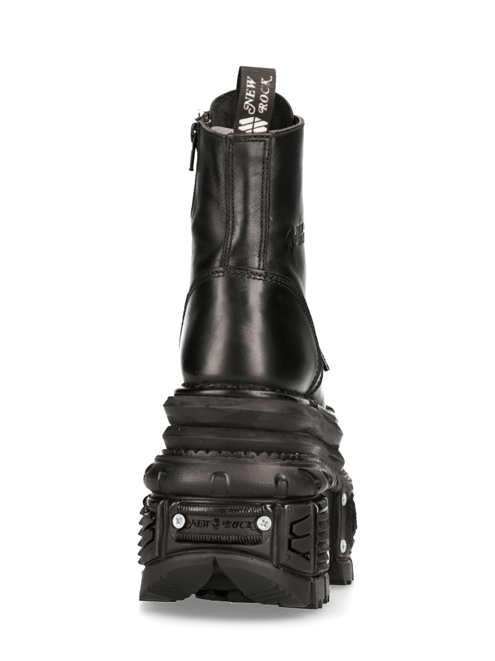 NEW ROCK Black Gothic Military Platform Boots with laces and side zip, showcasing a striking back view.