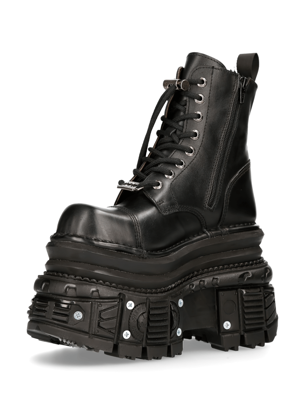 NEW ROCK Black Gothic Military Platform Boots featuring zip, laces, and industrial screw details.