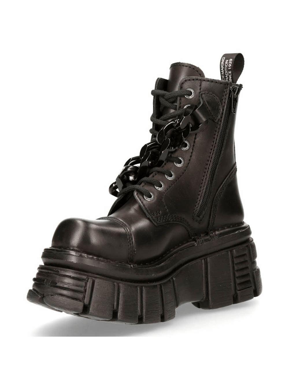 NEW ROCK black gothic military punk ankle boots with chains, featuring lace-up and zipper details, chunky platform sole.