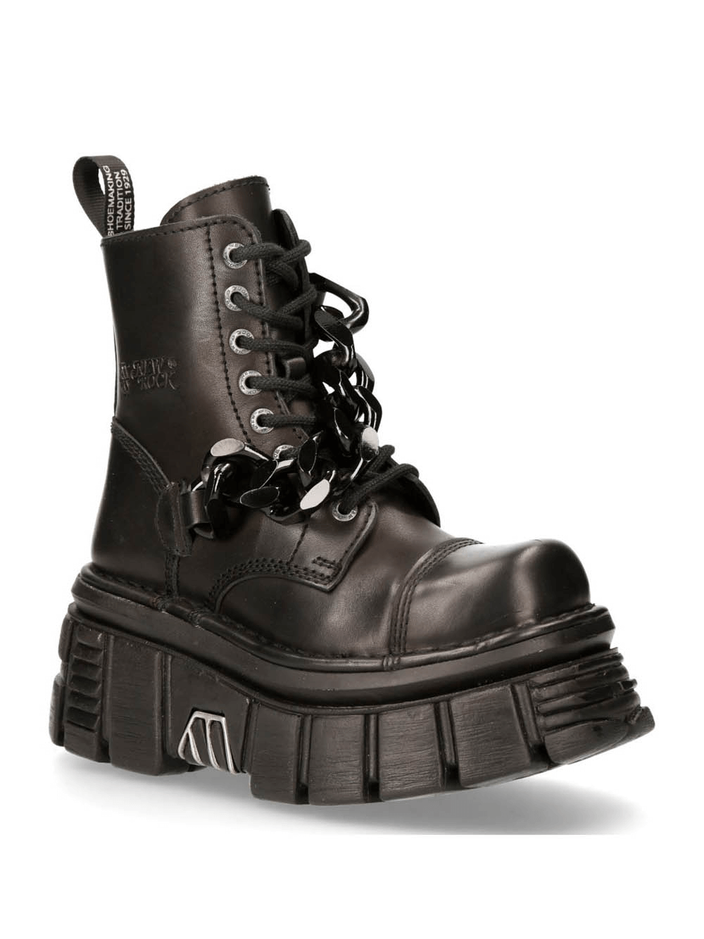 NEW ROCK Black Gothic Military Punk Ankle Boots with Chains, featuring a chunky sole and edgy lace-up design.