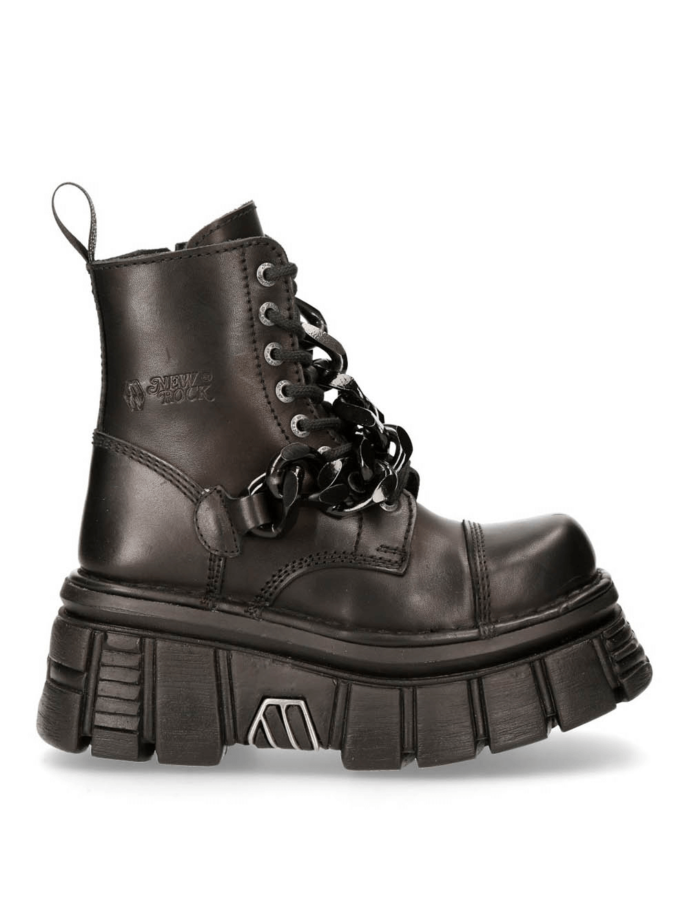 NEW ROCK black gothic punk ankle boots with chains, lace-up design, chunky sole, edgy style for bold fashion lovers.