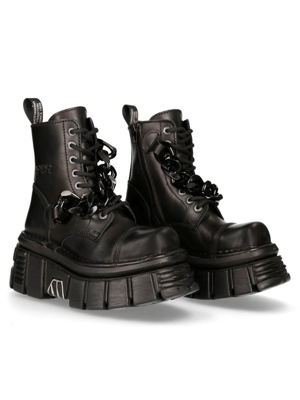 NEW ROCK black gothic military punk ankle boots with chains, featuring lace-up and zipper closures, edgy design.