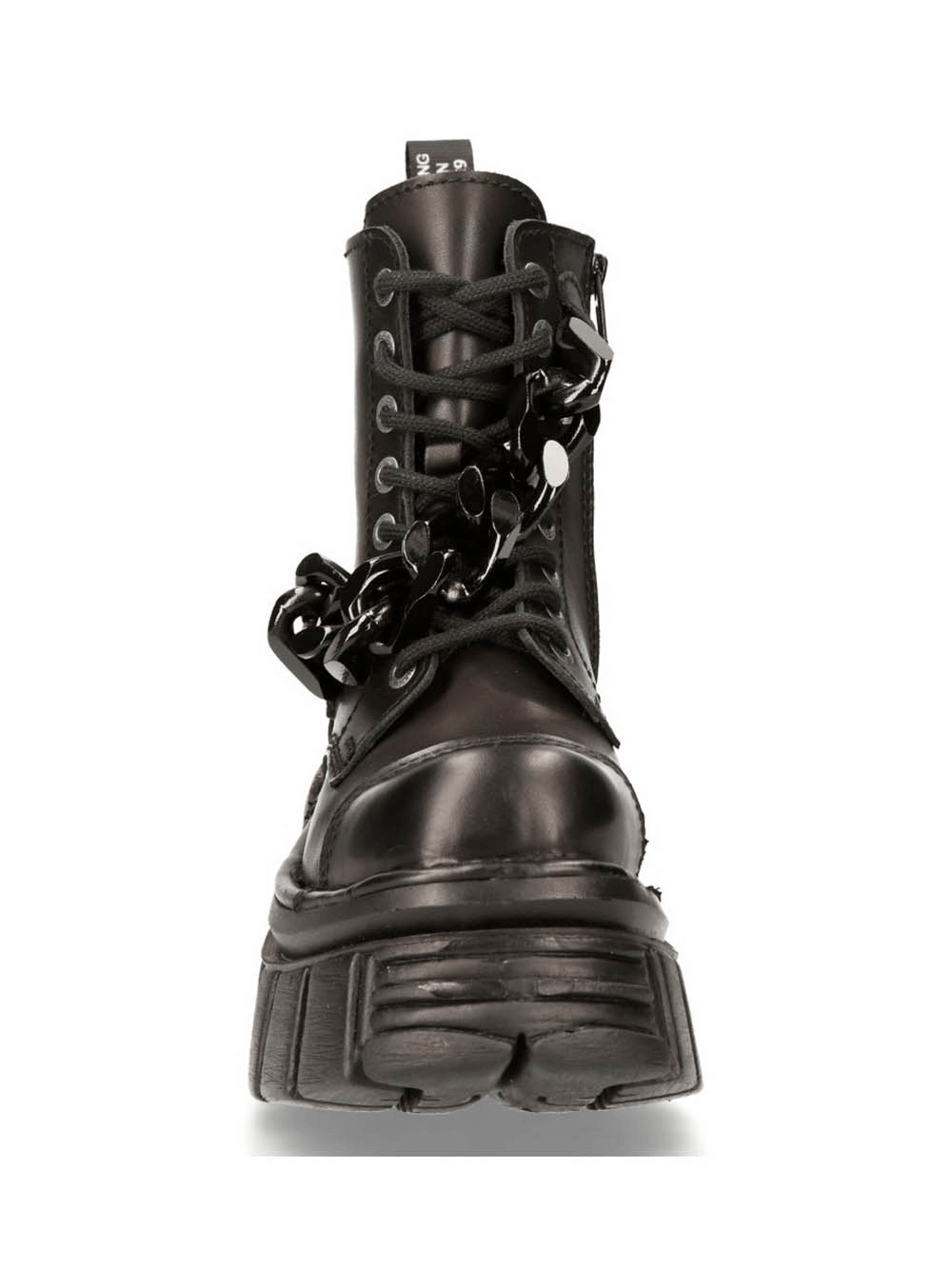 Bold black gothic military punk ankle boots featuring chains, lace-up closure, and a chunky platform heel.