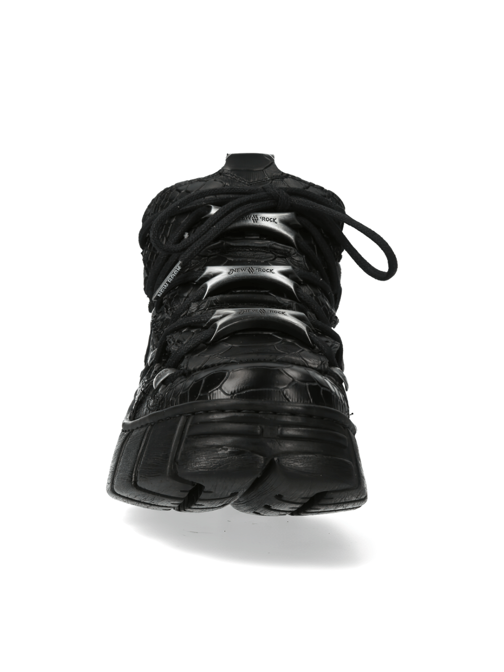 Front view of NEW ROCK black gothic platform shoes featuring striking lace hardware and sleek design.