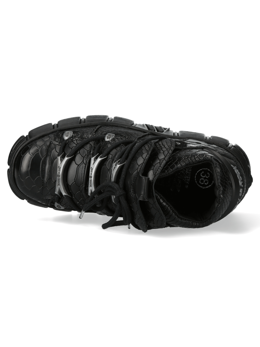 Top view of NEW ROCK black gothic platform shoes featuring textured leather and metallic accents for a bold urban style.