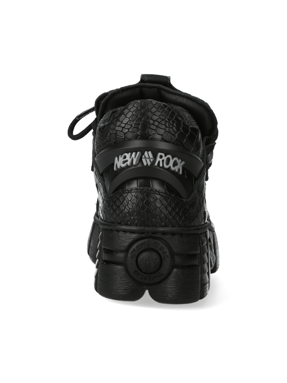 Rear view of NEW ROCK black gothic platform shoes with textured design and bold branding, perfect for urban fashion.