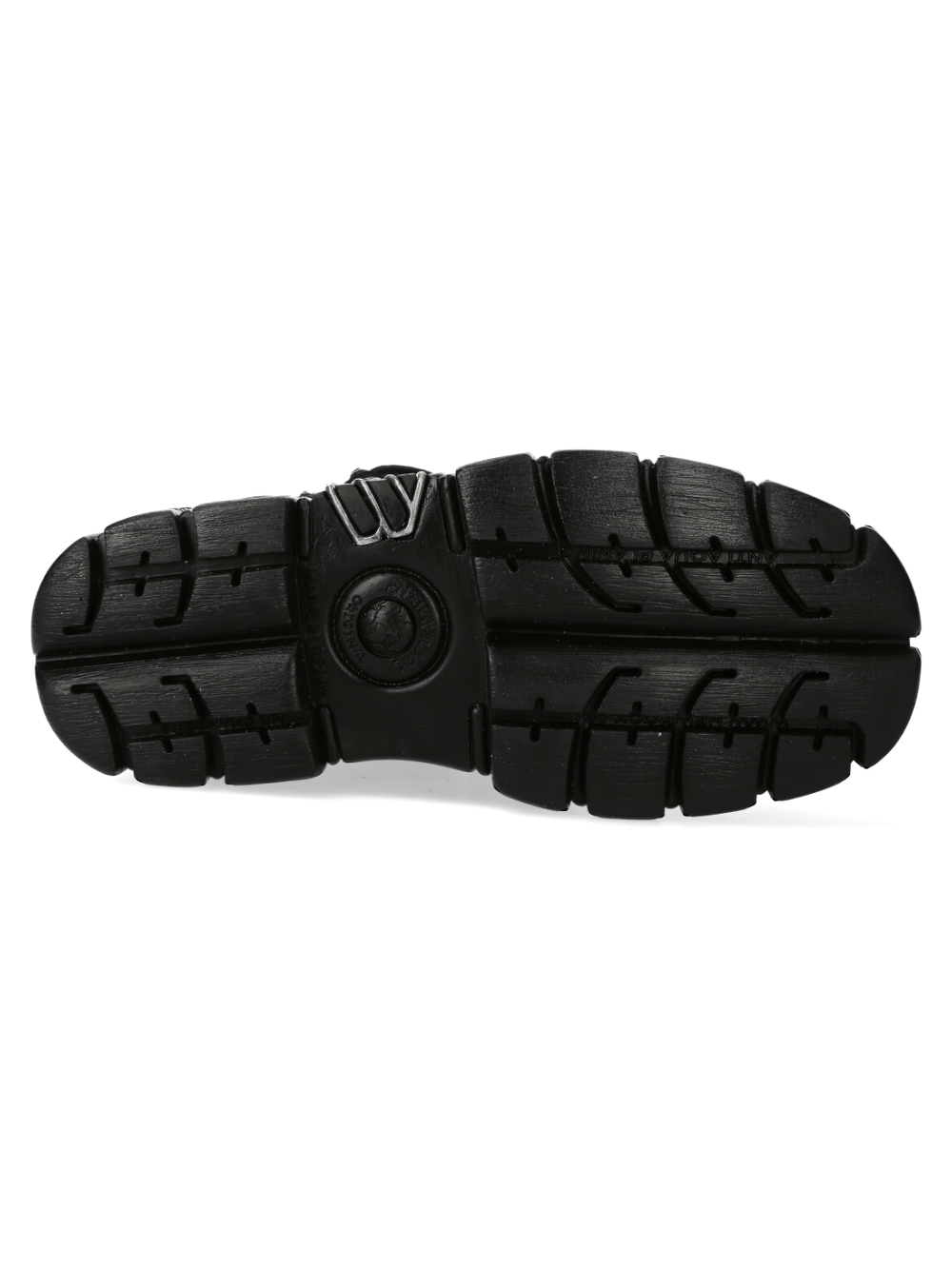 Sole of NEW ROCK black gothic platform shoes showcasing unique tread design for urban fashion and heavy rock style.