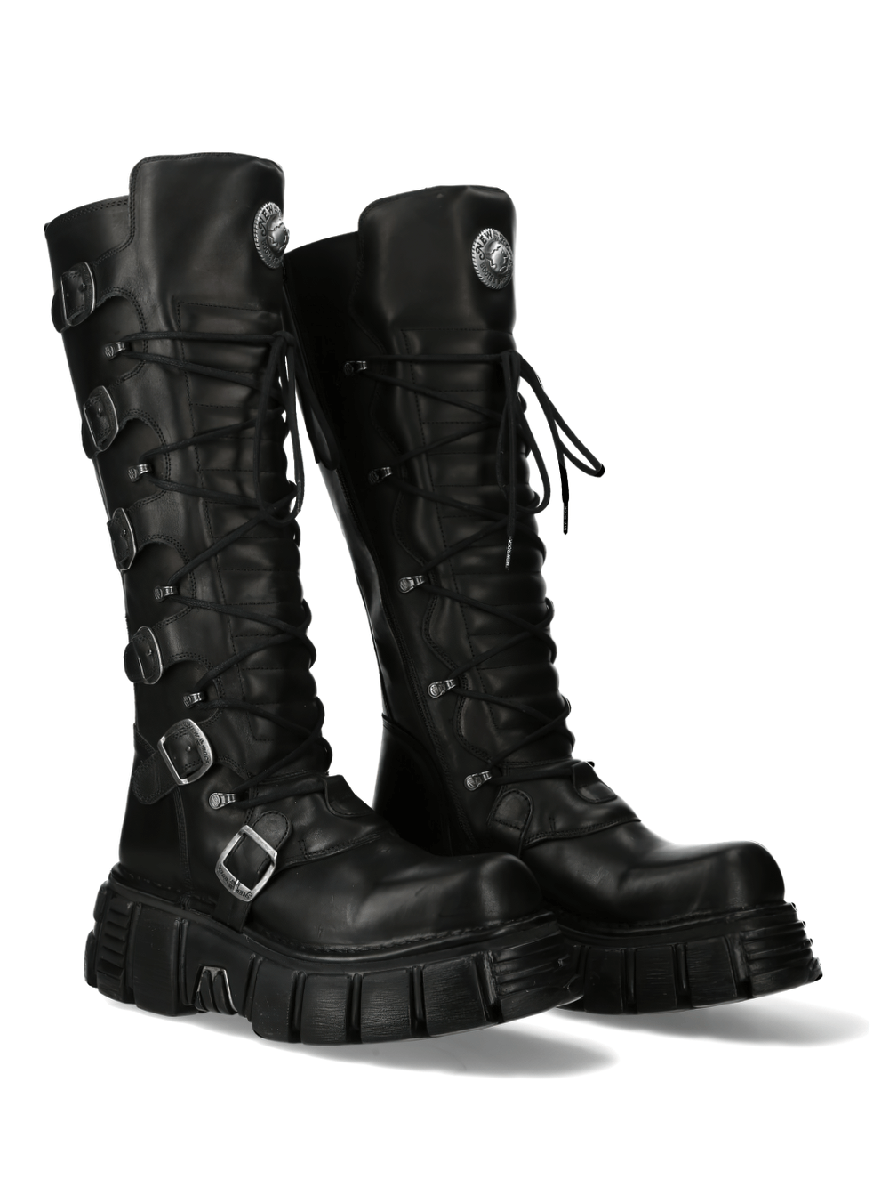 NEW ROCK Black Gothic Punk Boots with Laces and Buckles, edgy high boots for punk and rock styles.