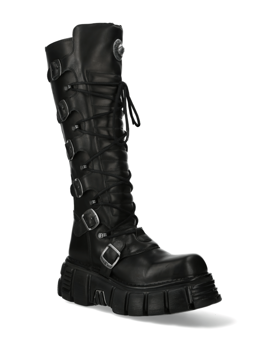 NEW ROCK Black Gothic Punk Boots with laces and buckles, featuring a bold design for edgy fashion enthusiasts.