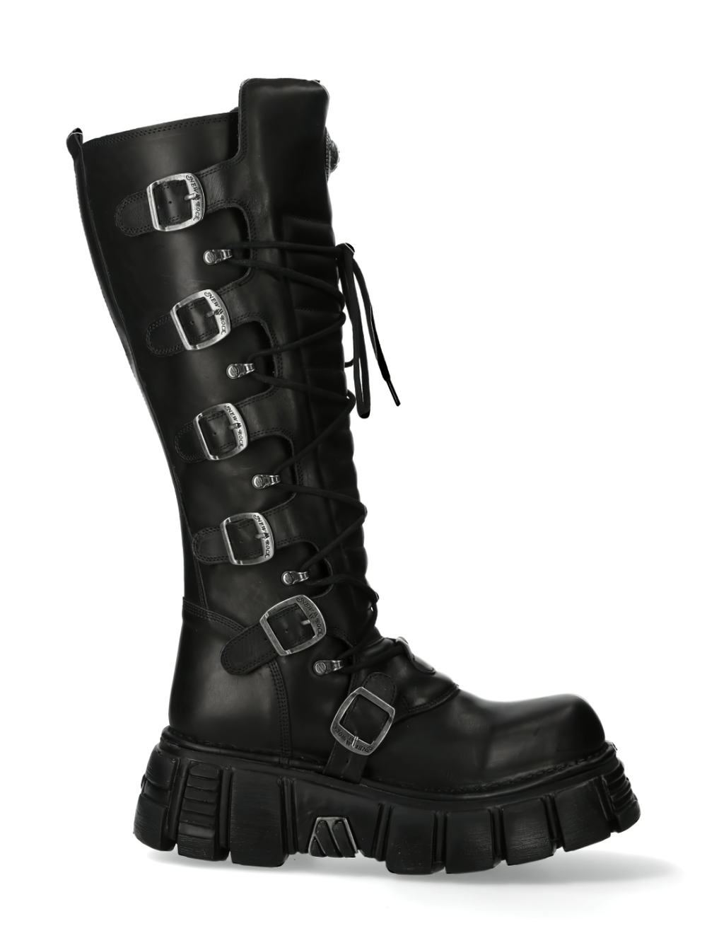 NEW ROCK Black Gothic Punk Boots featuring laces, buckles, and a chunky sole for an edgy, bold statement.