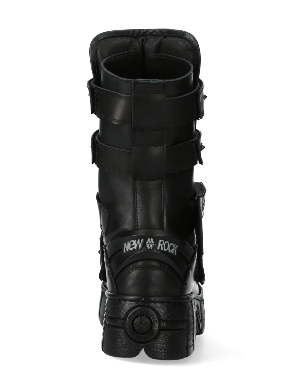 Back view of NEW ROCK black gothic punk boots with velcro straps, perfect for edgy alternative fashion.