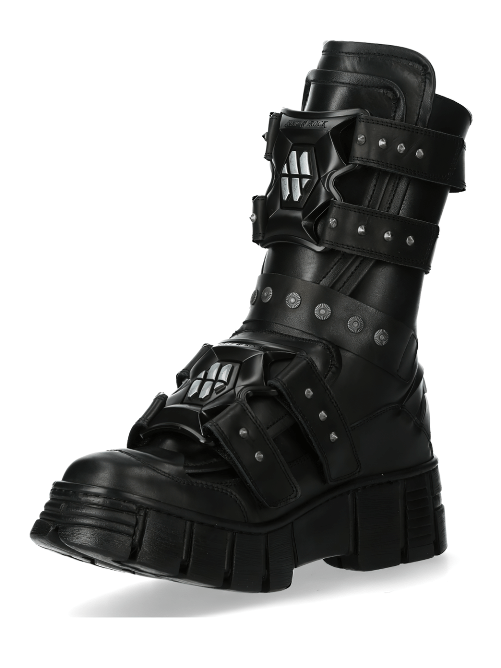 NEW ROCK Black Gothic Punk Boots with Velcro straps, featuring durable leather and edgy design for alternative fashion.