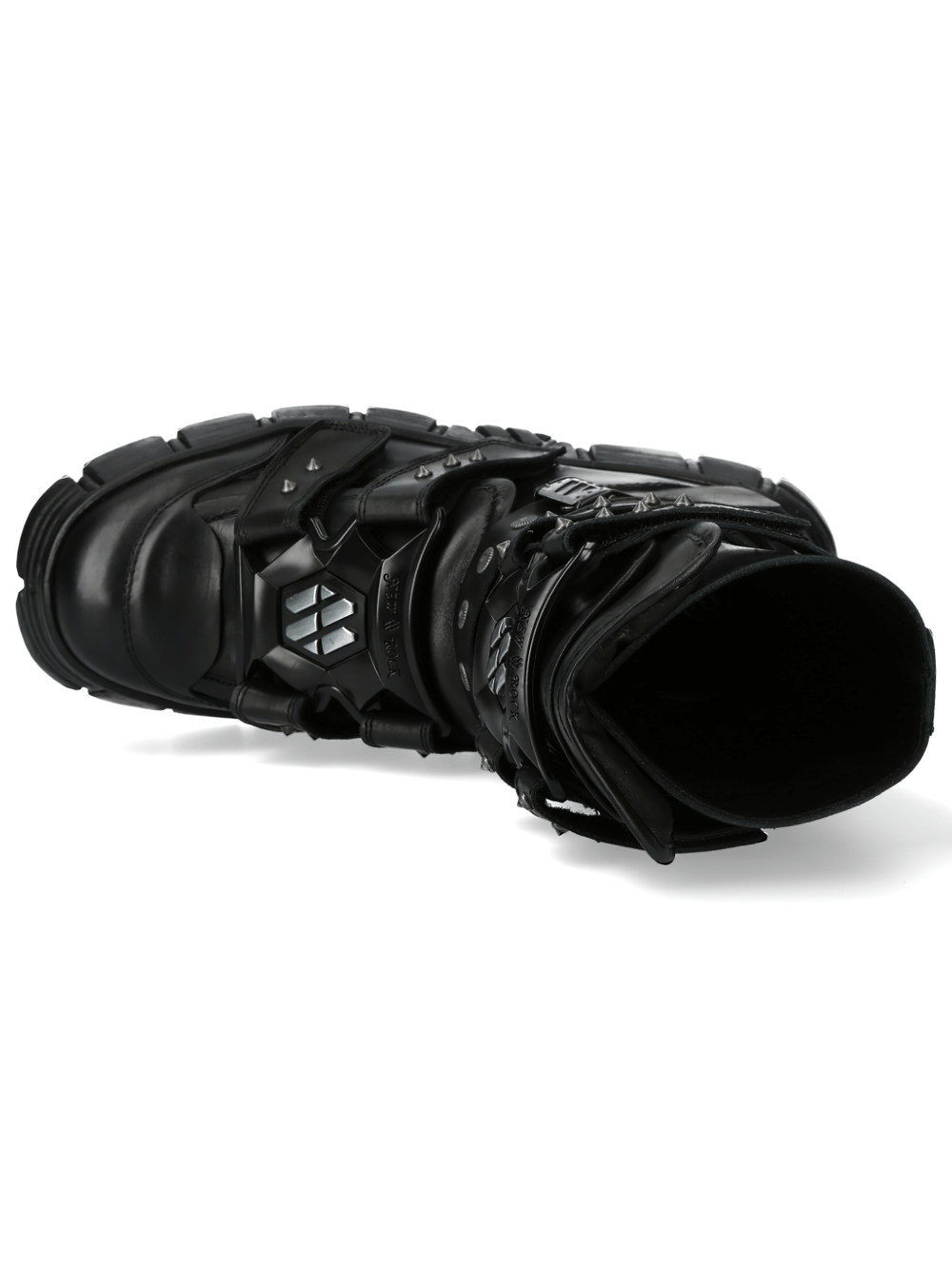 Top view of NEW ROCK Black Gothic Punk Boots featuring velcro straps and edgy design, perfect for alternative fashion.