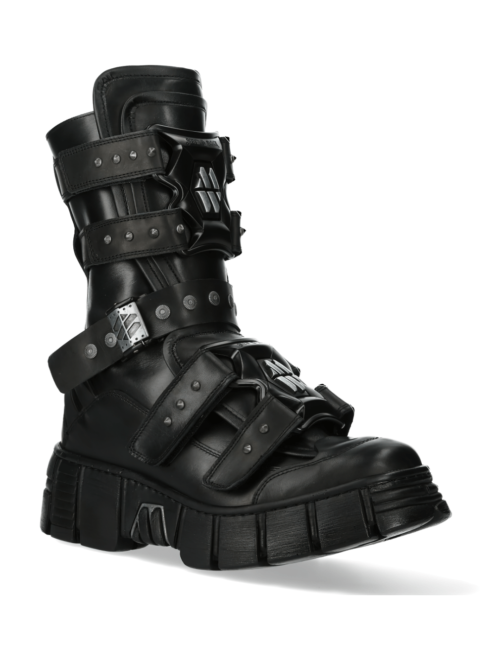 NEW ROCK black gothic punk boots with velcro straps, stylish heavy rock metal design for bold alternative fashion.