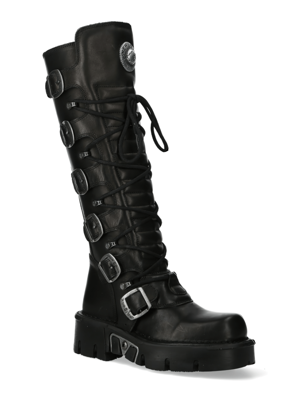 NEW ROCK Black Gothic Punk High Boots with buckles and laces for bold fashion statement.